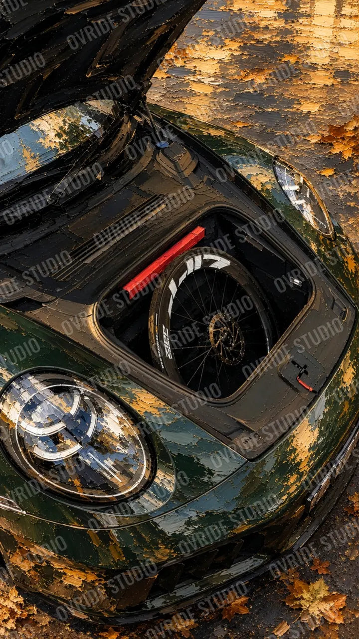 The open front trunk of a green sports car with a carbon wheel inside, autumn leaves on the cobbles