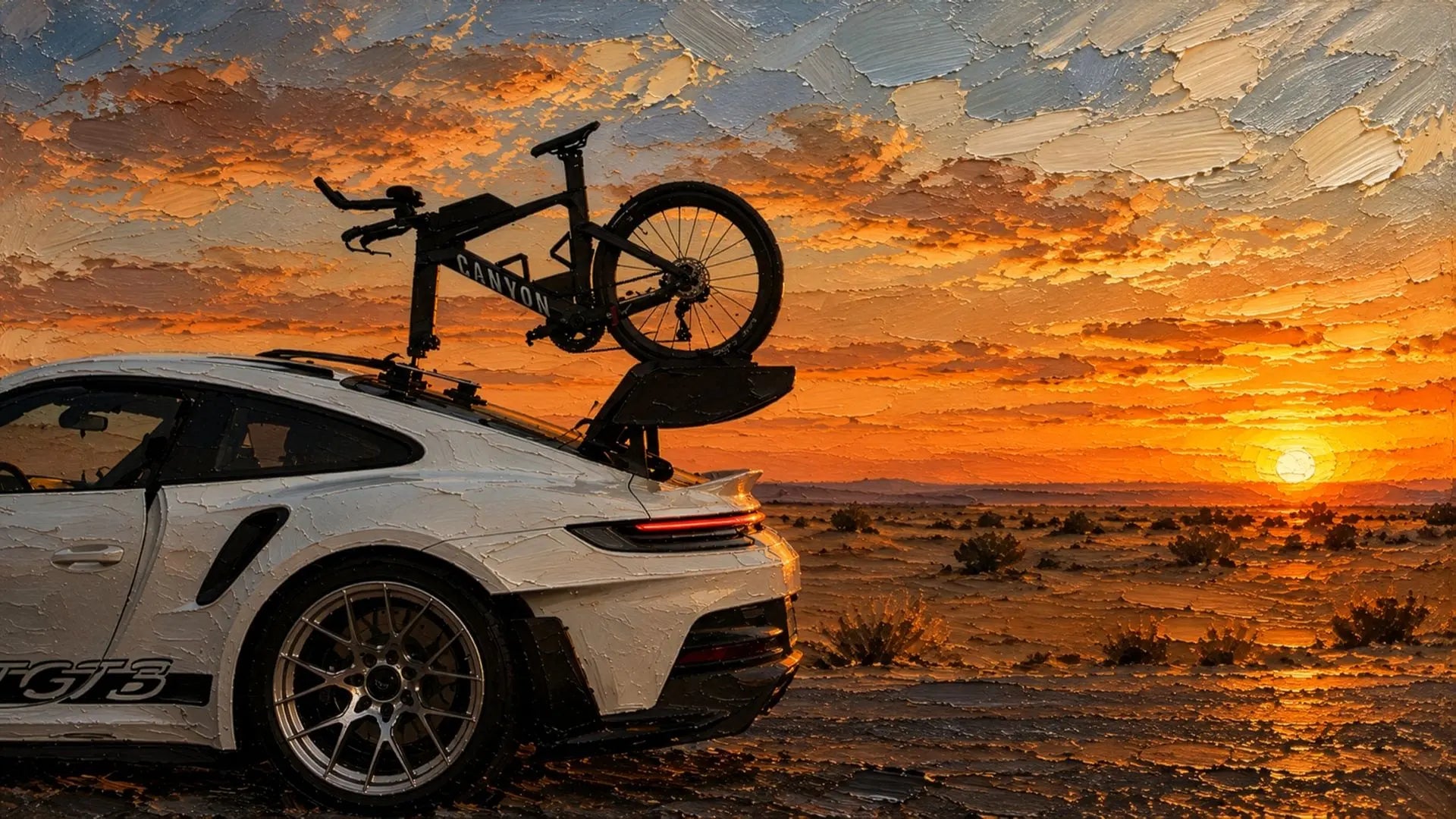 A time-trial bike on the roof of a white sports car, painted in the last light of a desert evening
