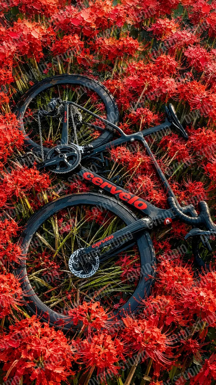 A black and red road bike lying in a field of red flowers