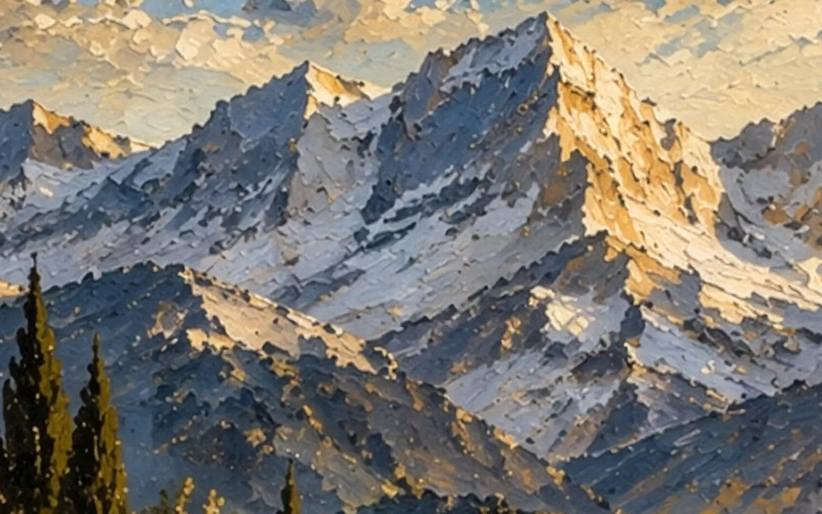 Close-up of the painted mountain peaks, thick palette-knife strokes in grey, blue and gold