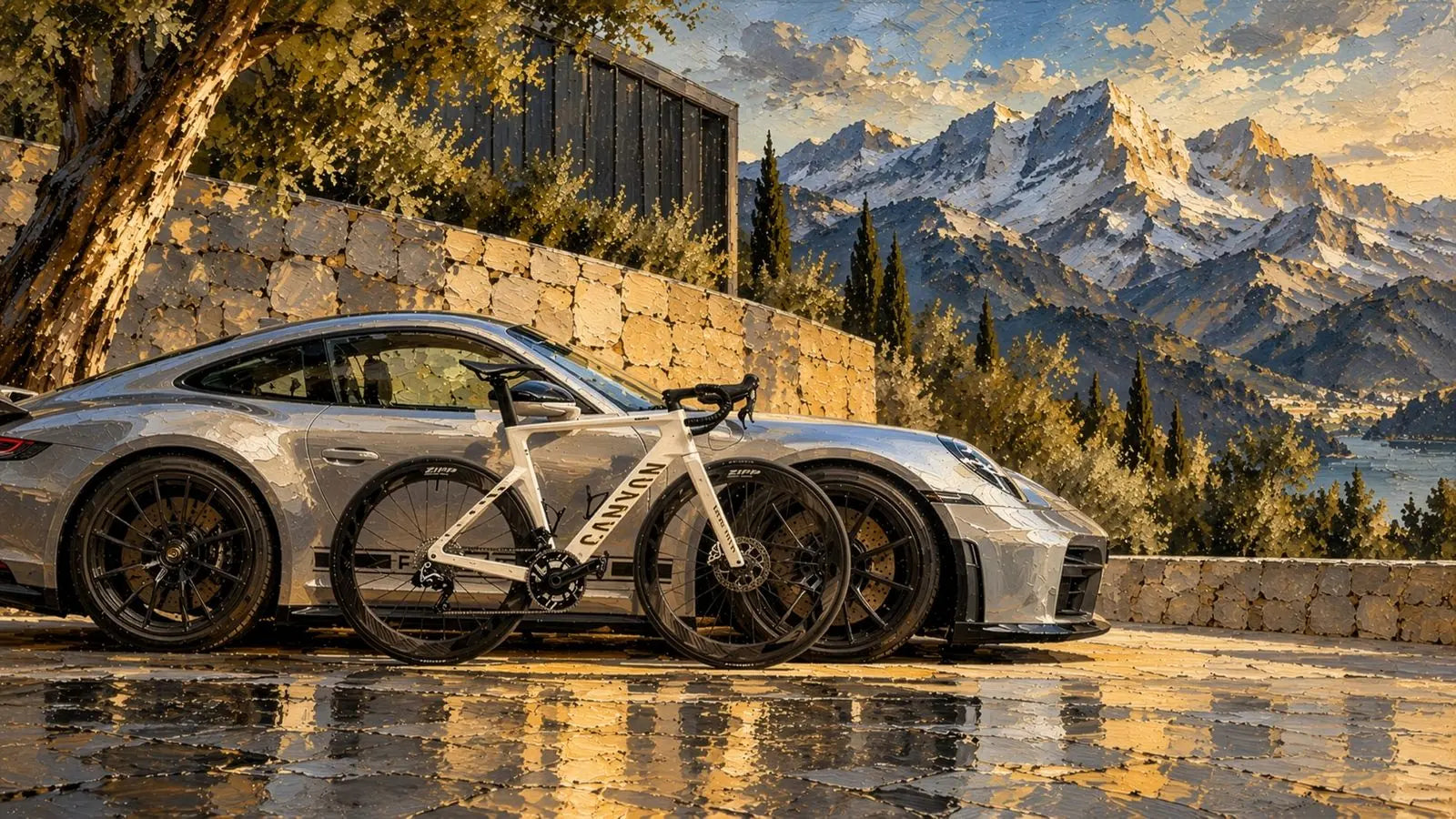 The Terrace: a silver sports car and a white road bike on a stone terrace below snowy peaks
