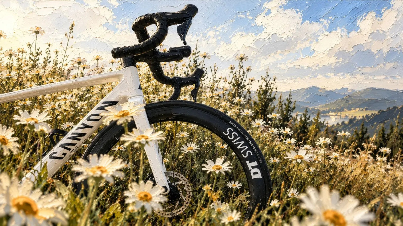 A white road bike in a meadow of daisies, painted in summer light