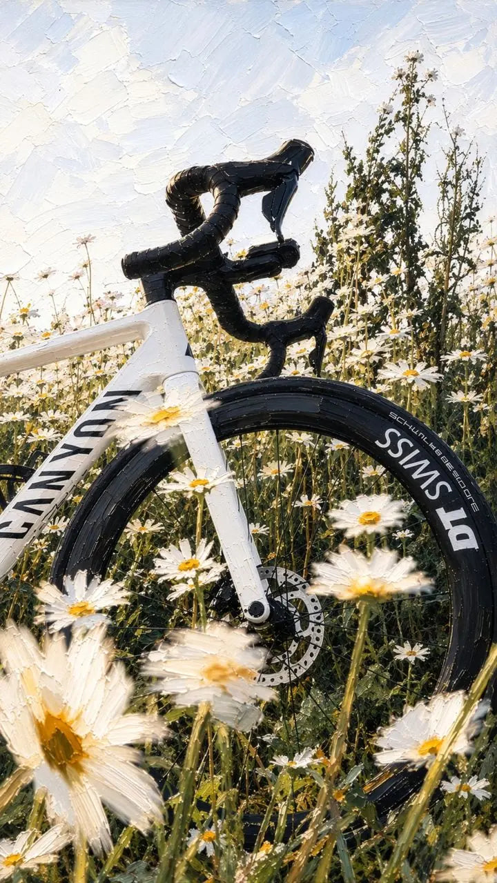 A white road bike in a meadow of daisies, painted in summer light