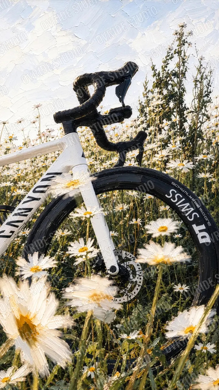 A white road bike in a meadow of daisies under a summer sky