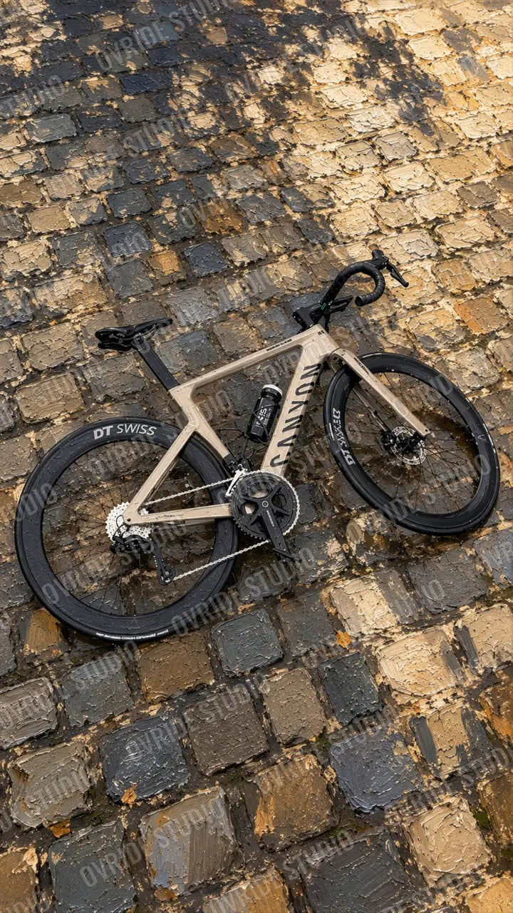 A sand-coloured road bike lying on wet cobblestones in golden light