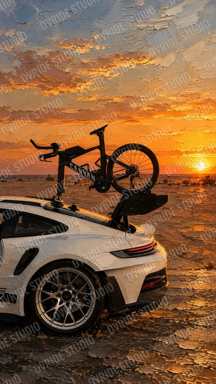 A time-trial bike on the roof of a white sports car at sunset in the desert