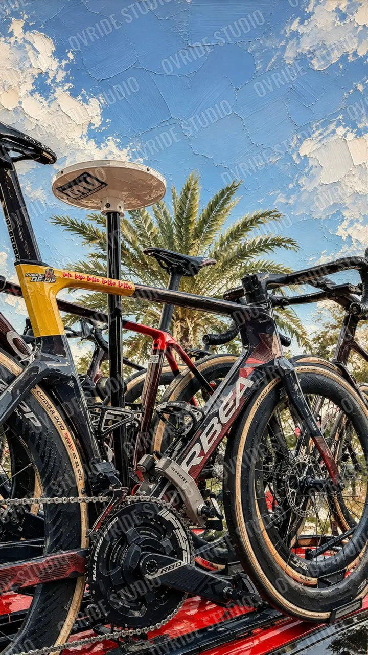Team bikes on a car roof rack between palm trees on the Riviera