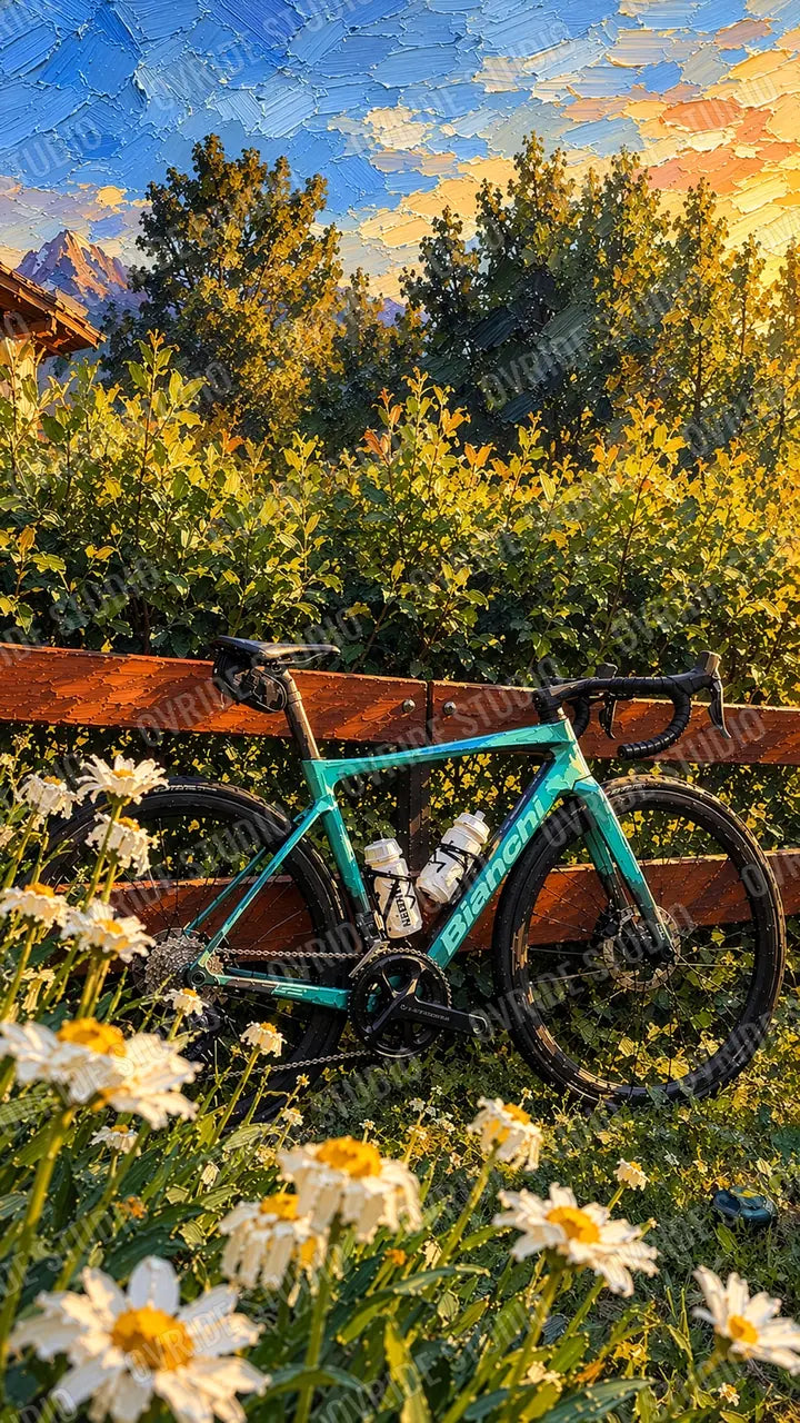 A celeste road bike against a wooden fence with daisies, mountains in the evening light
