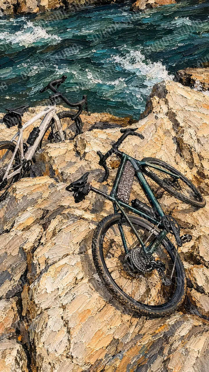 Two road bikes on pale rocks beside a fast turquoise river