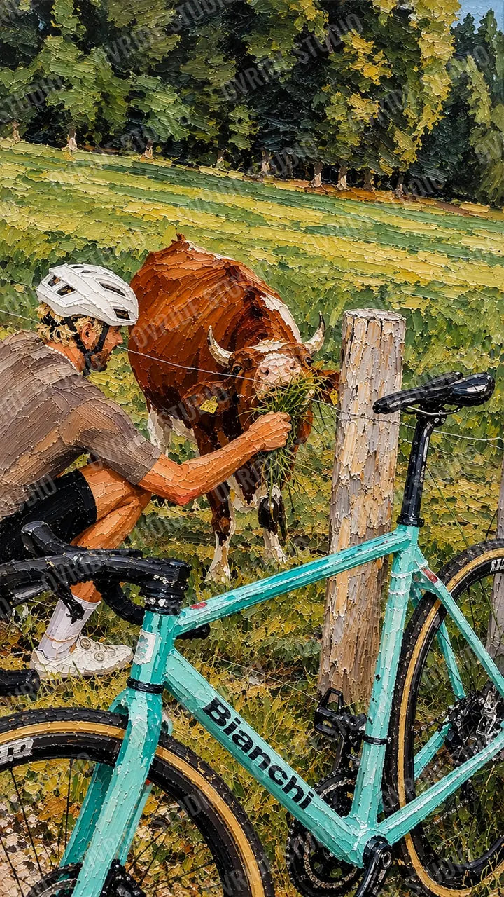 A rider feeding a cow at a pasture fence, a celeste road bike in front